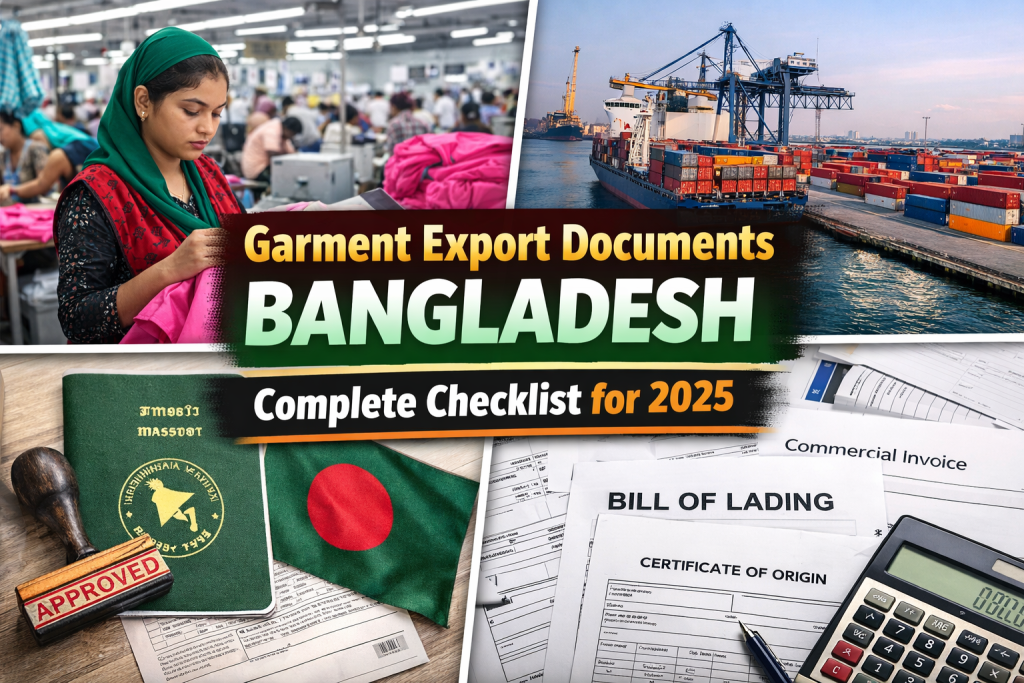 Garment export documents in Bangladesh with checklist, shipping, and factory visuals – complete export documentation guide 2025