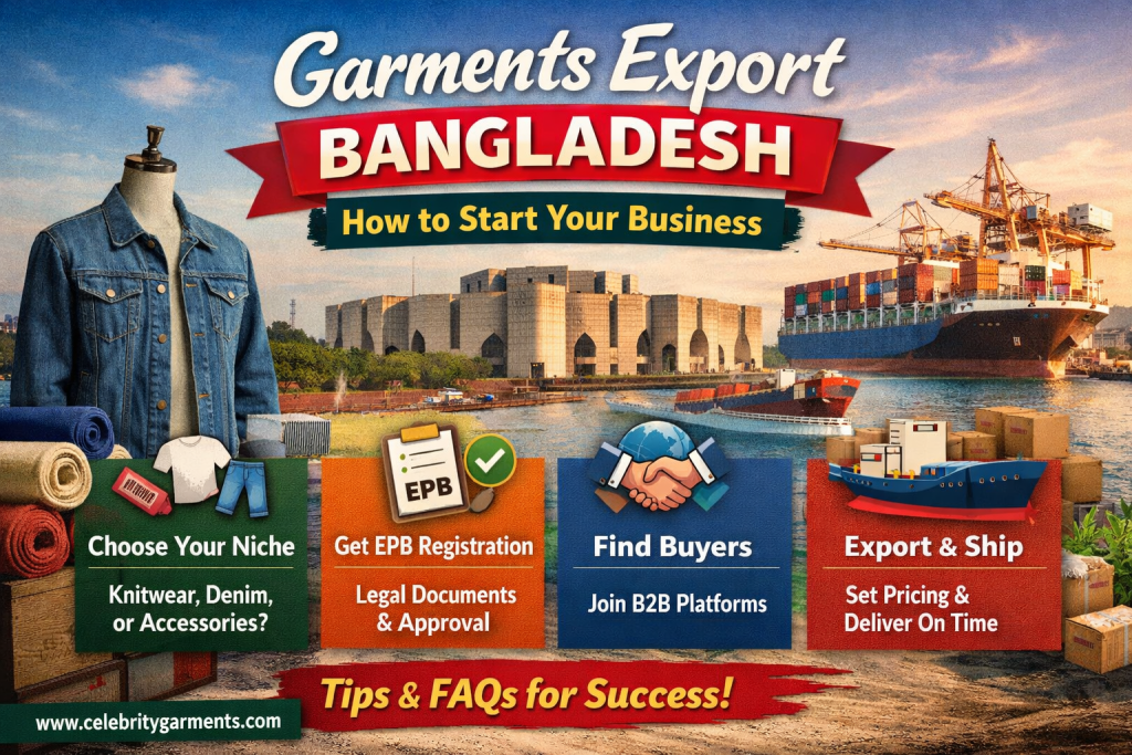 Garments Export Bangladesh guide showing how to start a garments export business with EPB registration, buyers, and shipping
