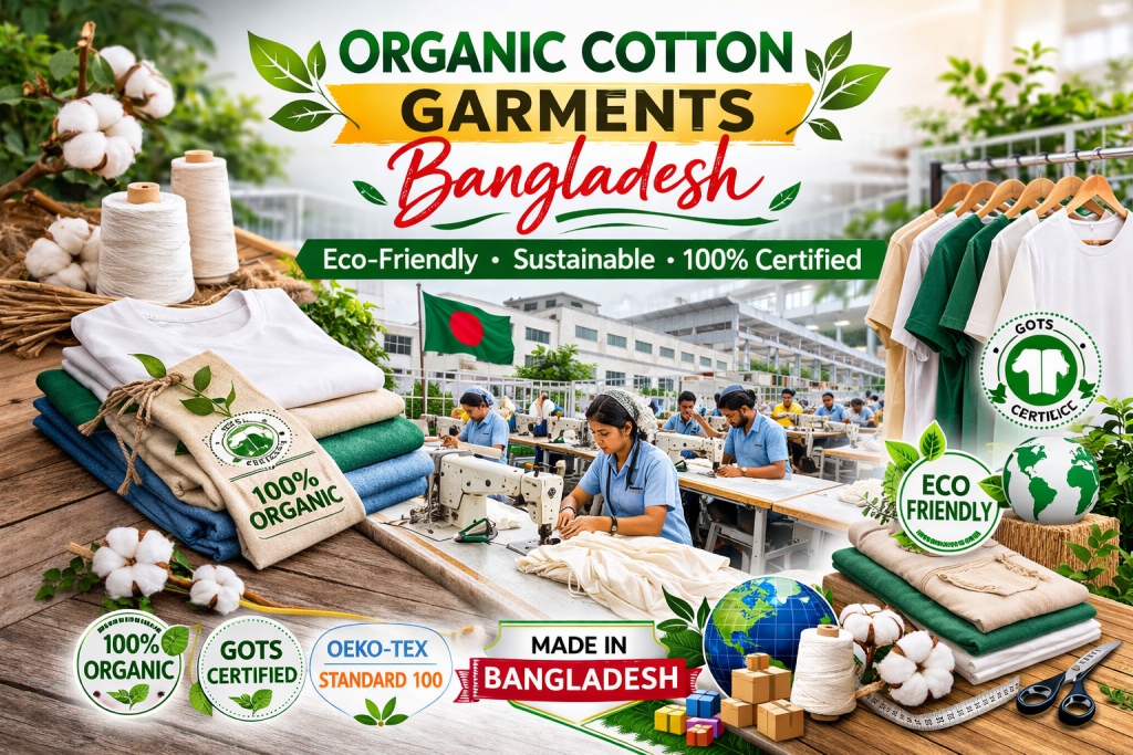 Organic cotton garments Bangladesh factory with workers sewing eco-friendly clothing and a basket of raw cotton